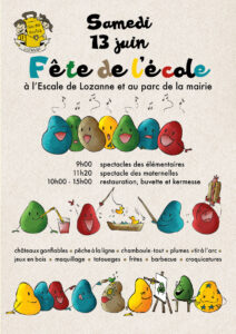 Fête d el'école le samedi 13 juin, avec les psectacles des enfants dès 9h00 pour les élémentaires et 11h00 pour les maternelles, et la Kermesse à partir de 10h dans le Parc de la Mairie