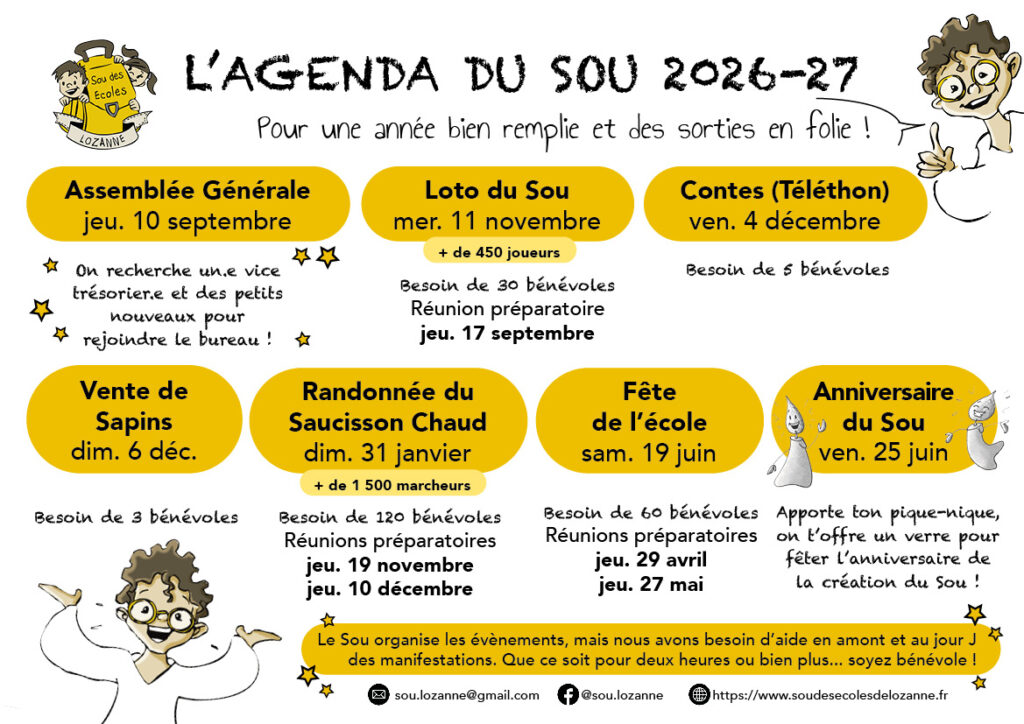 Agenda du Sou 2026-2027 présentant les dates des évènements et leurs réunions préparatoires sur toute l'année scolaire
