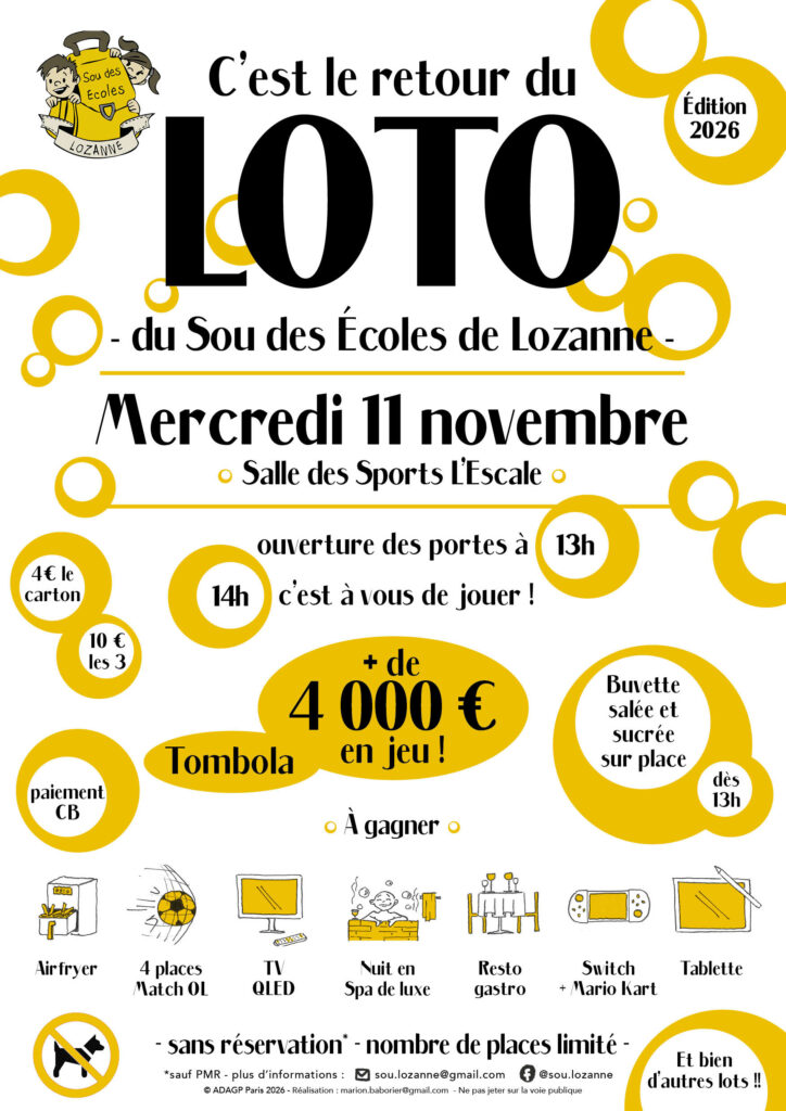 Affiche du Loto présentant les gros lots, les horaires (dès 13h00 le 11 novembre à l'Escale)